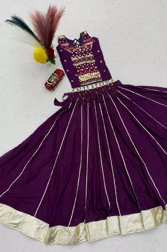 Purple Mirror Work Pure Cotton Lehenga Choli Set with Ribbon Work