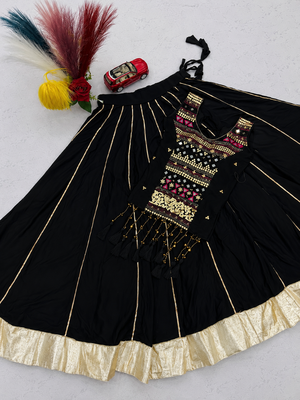 Black Mirror Work Pure Cotton Lehenga Choli Set with Ribbon Work 5