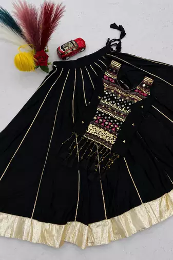 Black Mirror Work Pure Cotton Lehenga Choli Set with Ribbon Work