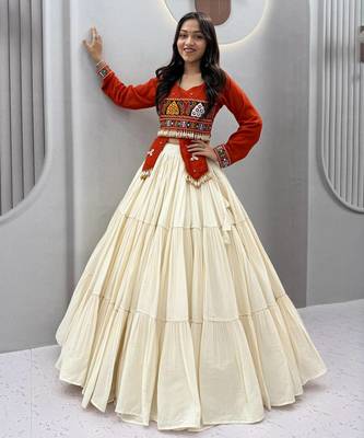 Orange Color heavy Hand Work with real  kodi work & Gamthi work Cotton Navratri Lahenga Top Set 1