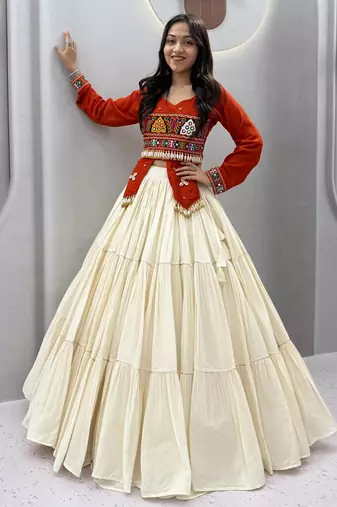 Orange Color heavy Hand Work with real  kodi work & Gamthi work Cotton Navratri Lahenga Top Set