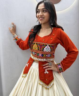 Orange Color heavy Hand Work with real  kodi work & Gamthi work Cotton Navratri Lahenga Top Set 2