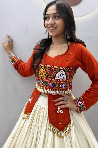 Orange Color heavy Hand Work with real  kodi work & Gamthi work Cotton Navratri Lahenga Top Set