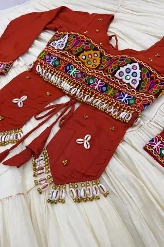 Orange Color heavy Hand Work with real  kodi work & Gamthi work Cotton Navratri Lahenga Top Set