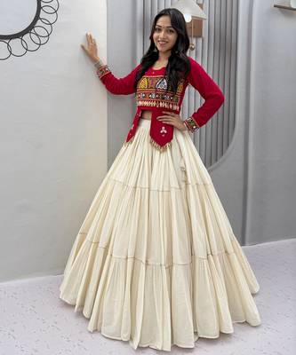 Rani Pink heavy Hand Work with kodi work & Gamthi work Cotton Navratri Lahenga Top Set 1