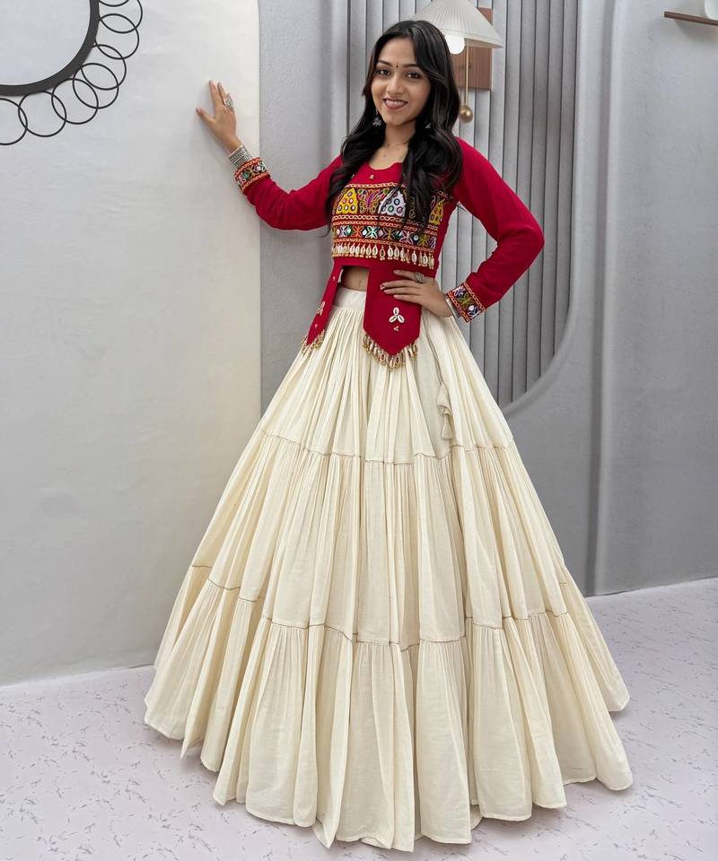 Rani Pink heavy Hand Work with kodi work & Gamthi work Cotton Navratri Lahenga Top Set