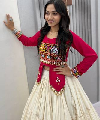 Rani Pink heavy Hand Work with kodi work & Gamthi work Cotton Navratri Lahenga Top Set 2