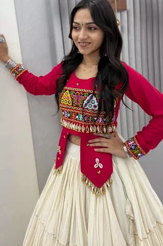 Rani Pink heavy Hand Work with kodi work & Gamthi work Cotton Navratri Lahenga Top Set