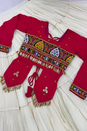 Rani Pink heavy Hand Work with kodi work & Gamthi work Cotton Navratri Lahenga Top Set