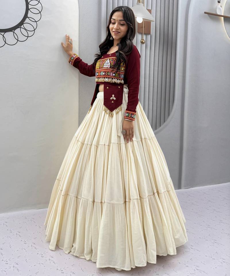 Wine heavy Hand Work with kodi work & Gamthi work Cotton Navratri Lahenga Top Set