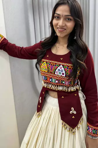 Wine heavy Hand Work with kodi work & Gamthi work Cotton Navratri Lahenga Top Set