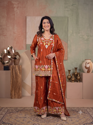 Rust orange silk embroidered kurti palazzo set with dupatta 1