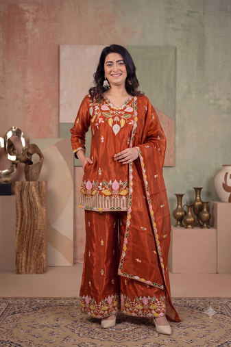 Rust orange silk embroidered kurti palazzo set with dupatta