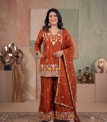 Rust orange silk embroidered kurti palazzo set with dupatta