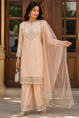 Kavindi women   s zari & sequin embroidered organza kurta palazzo set with dupatta 1