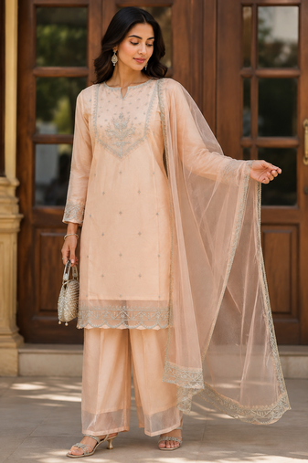 Kavindi women’s zari & sequin embroidered organza kurta palazzo set with dupatta