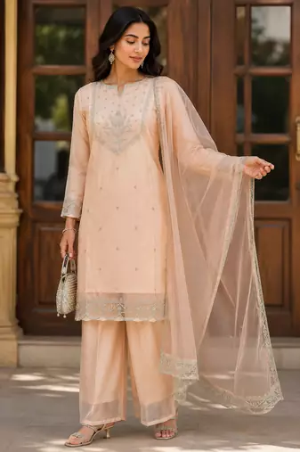 Kavindi women’s zari & sequin embroidered organza kurta palazzo set with dupatta