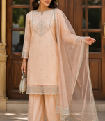 Kavindi women   s zari & sequin embroidered organza kurta palazzo set with dupatta