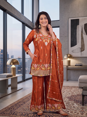 Rust orange silk embroidered kurti palazzo set with dupatta 2