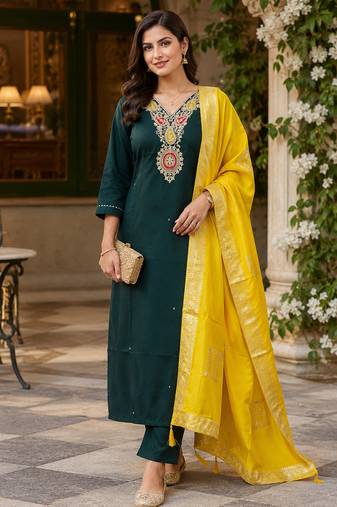 Kavindi women’s cotton silk resham zari embroidered kurta pant dupatta set