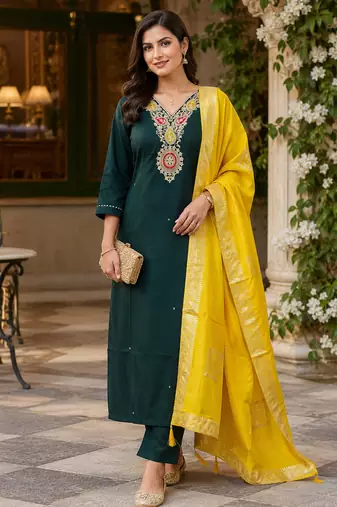 Kavindi women’s cotton silk resham zari embroidered kurta pant dupatta set
