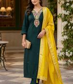 Kavindi women   s cotton silk resham zari embroidered kurta pant dupatta set