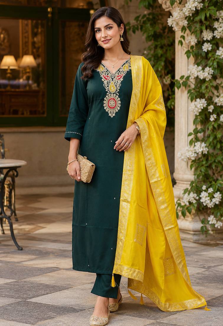 Kavindi women   s cotton silk resham zari embroidered kurta pant dupatta set