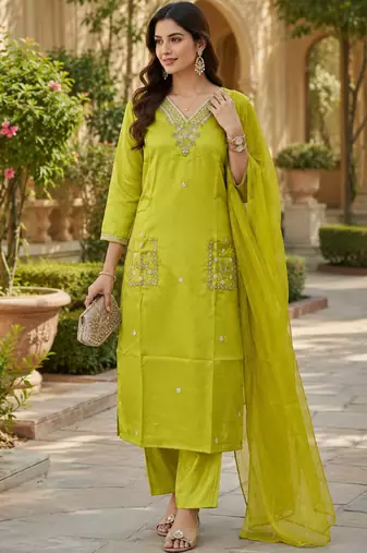 Kavindi women silk blend embroidered straight kurta pant set with nazneen dupatta