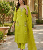Kavindi women silk blend embroidered straight kurta pant set with nazneen dupatta