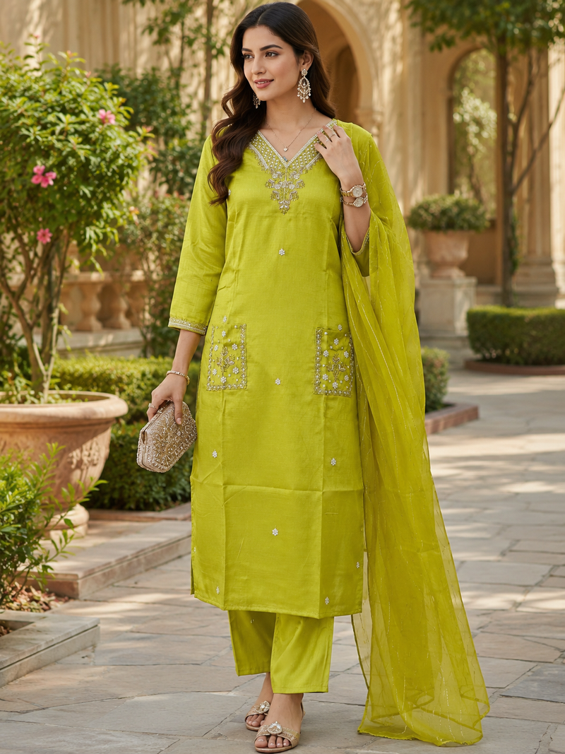 Kavindi women silk blend embroidered straight kurta pant set with nazneen dupatta