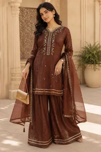 Kavindi women’s silk zari & sequin embroidered flared kurta set with palazzo and dupatta