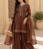 Kavindi women   s silk zari & sequin embroidered flared kurta set with palazzo and dupatta