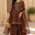 Kavindi women   s silk zari & sequin embroidered flared kurta set with palazzo and dupatta