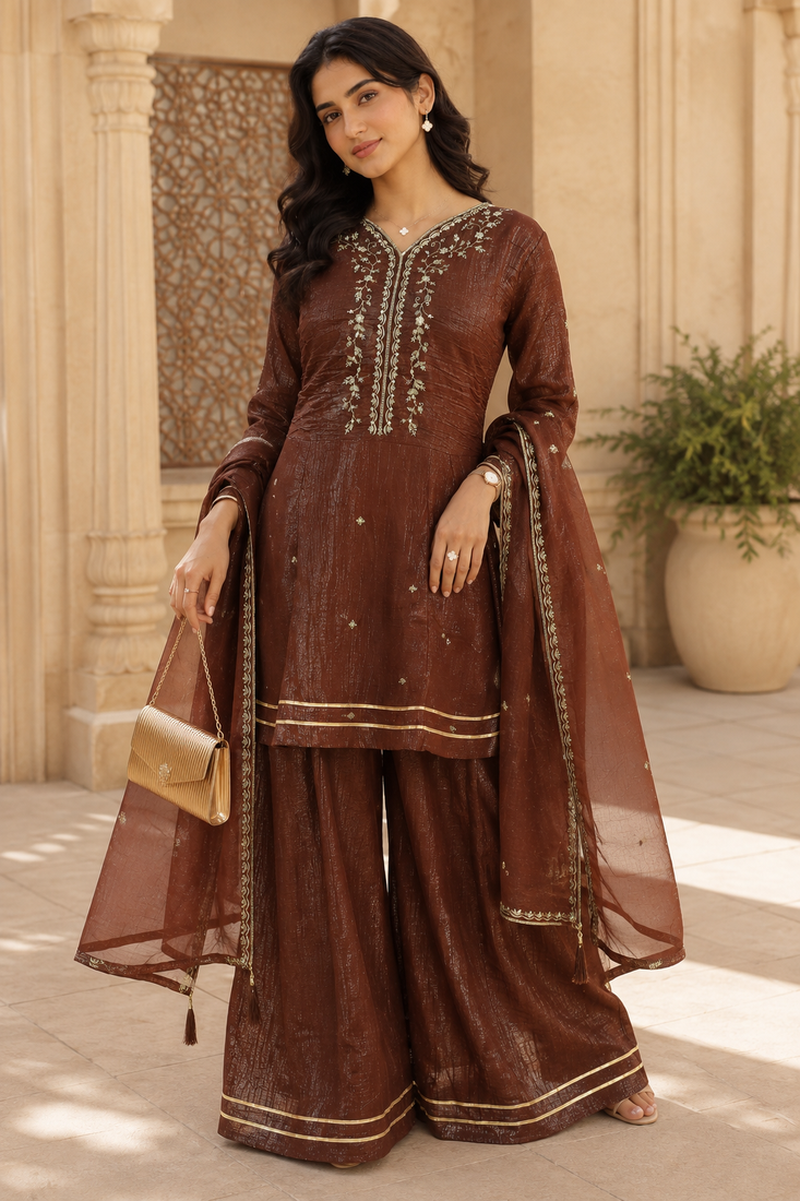 Kavindi women   s silk zari & sequin embroidered flared kurta set with palazzo and dupatta