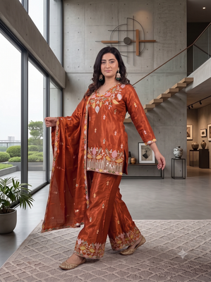 Rust orange silk embroidered kurti palazzo set with dupatta 3