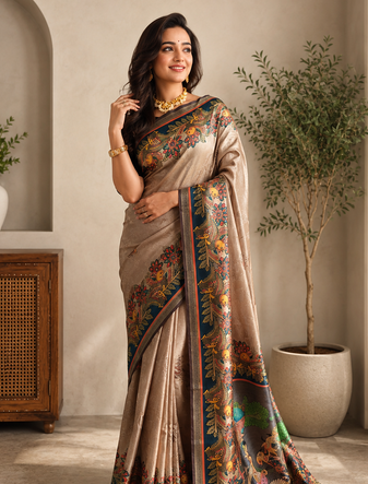 dark beige colour design kalamkari fusion silk blend saree