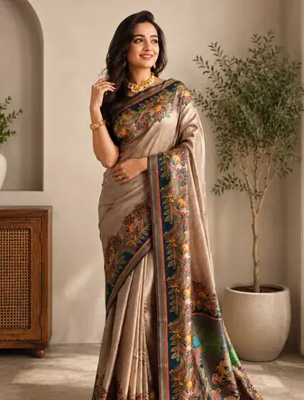 dark beige colour design kalamkari fusion silk blend saree