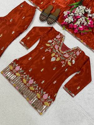 Rust orange silk embroidered kurti palazzo set with dupatta 4