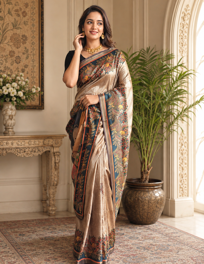 dark beige colour design kalamkari fusion silk blend saree
