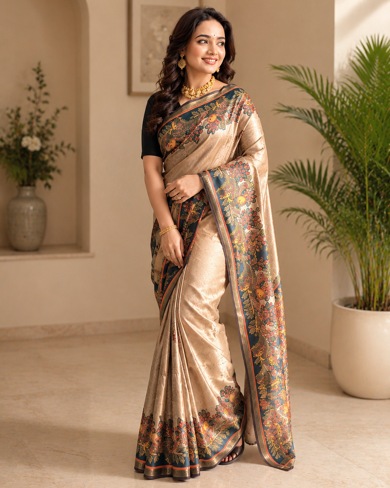dark beige colour design kalamkari fusion silk blend saree