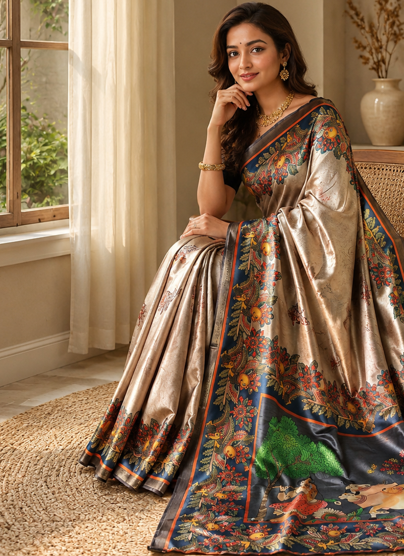 dark beige colour design kalamkari fusion silk blend saree