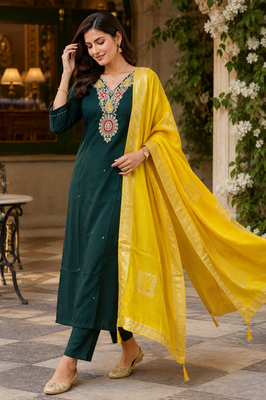 Kavindi women   s cotton silk resham zari embroidered kurta pant dupatta set 2