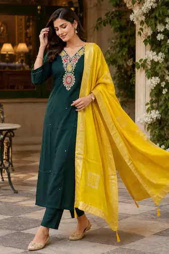 Kavindi women’s cotton silk resham zari embroidered kurta pant dupatta set
