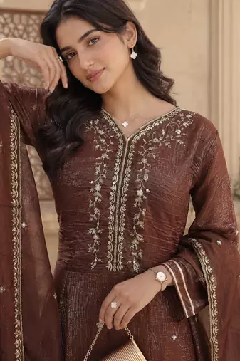 Kavindi women’s silk zari & sequin embroidered flared kurta set with palazzo and dupatta