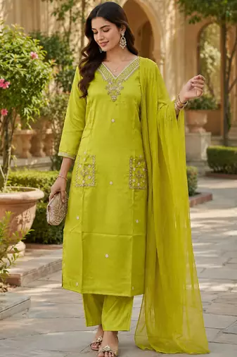 Kavindi women silk blend embroidered straight kurta pant set with nazneen dupatta