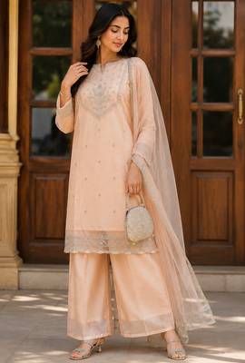 Kavindi women   s zari & sequin embroidered organza kurta palazzo set with dupatta 2