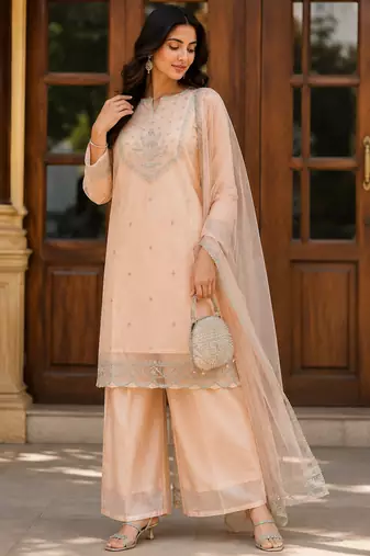 Kavindi women’s zari & sequin embroidered organza kurta palazzo set with dupatta