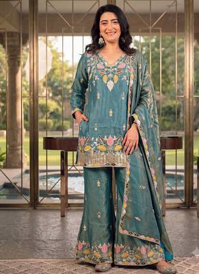 Teal silk embroidered kurti palazzo set with dupatta 2