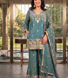 Teal silk embroidered kurti palazzo set with dupatta