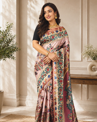 light pink colour design kalamkari fusion silk blend saree